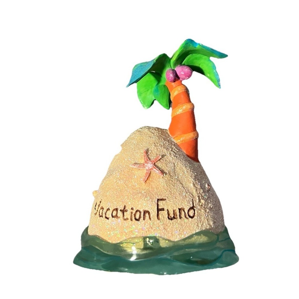 Vintage Handpainted Vacation Fund Palm Tree Piggy Bank